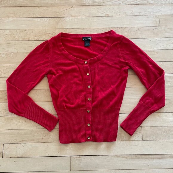 Wet Seal Y2K Red Off Shoulder Cardigan S 2000s Holiday Party Coquette Top Glam - Picture 5 of 7